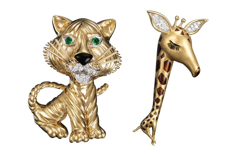Броши Tiger и Giraffe 1968 и 1964 гг., желтое золото, платина, эмаль, бриллианты, изумруды