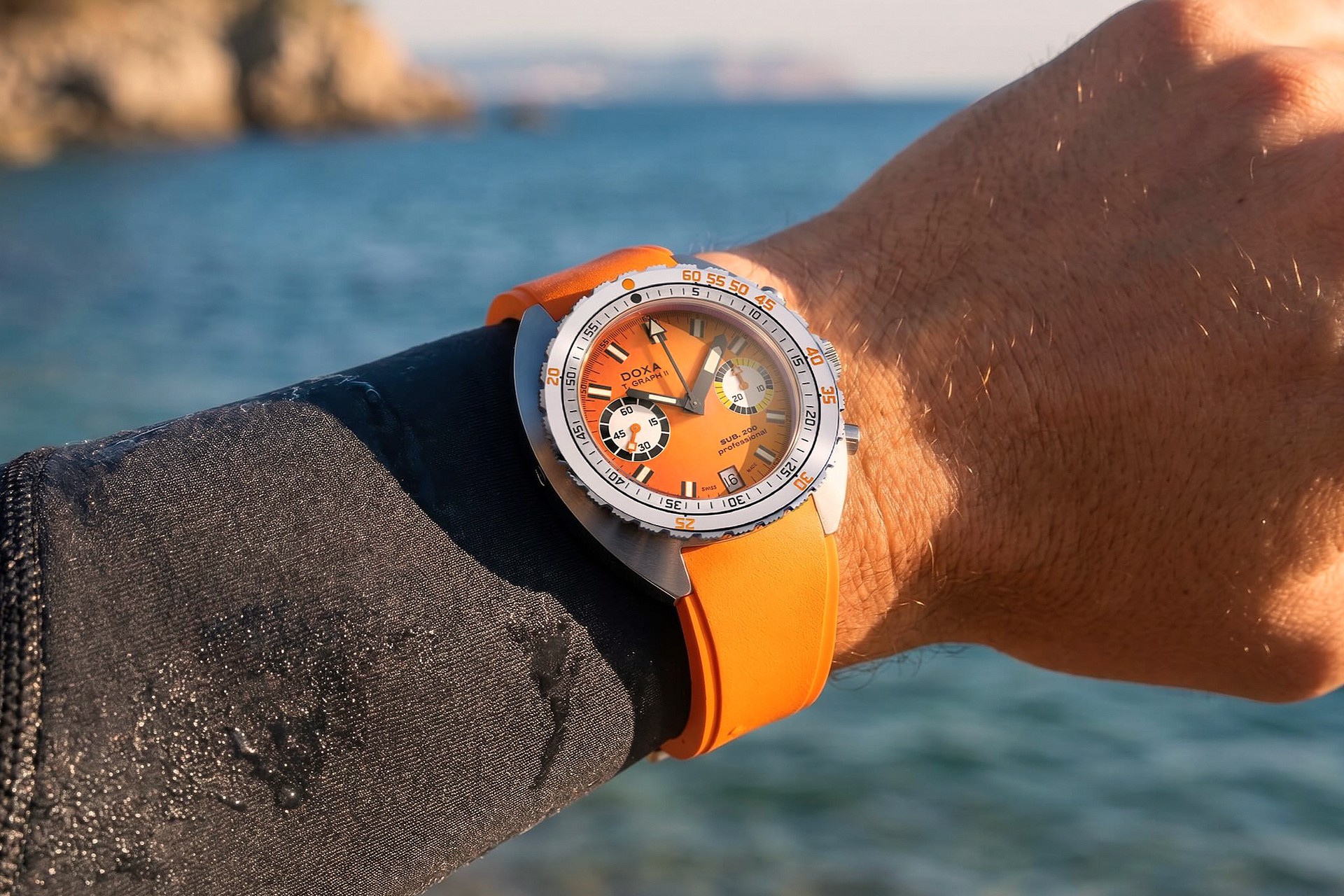 Doxa Sub 200 Tgraph II Orange Strap on wetsuit